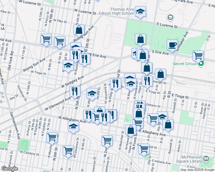 map of restaurants, bars, coffee shops, grocery stores, and more near 3458 Dillman Street in Philadelphia