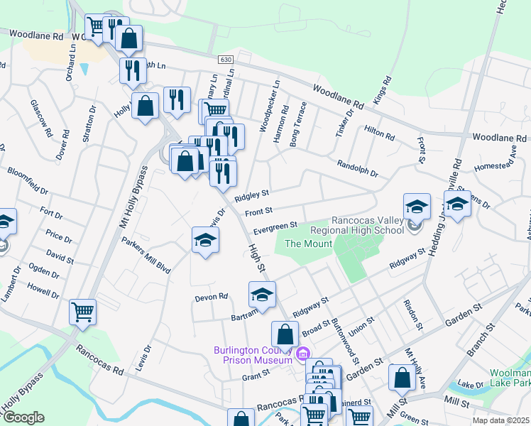 map of restaurants, bars, coffee shops, grocery stores, and more near 22 Front Street in Mount Holly