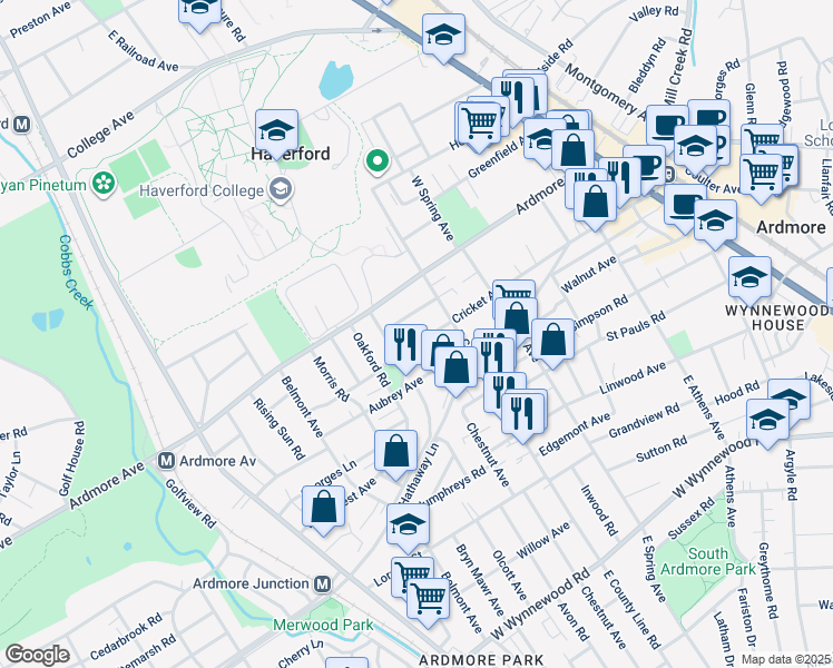 map of restaurants, bars, coffee shops, grocery stores, and more near 816 Cricket Avenue in Ardmore