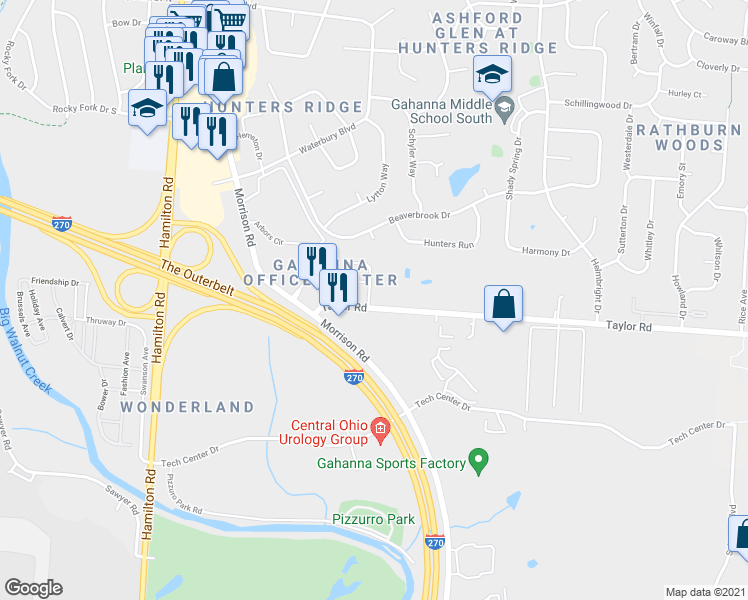 map of restaurants, bars, coffee shops, grocery stores, and more near 630 Chadwood Drive in Columbus