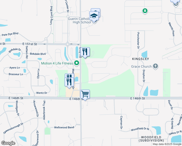 map of restaurants, bars, coffee shops, grocery stores, and more near 4902 Midland Street in Noblesville