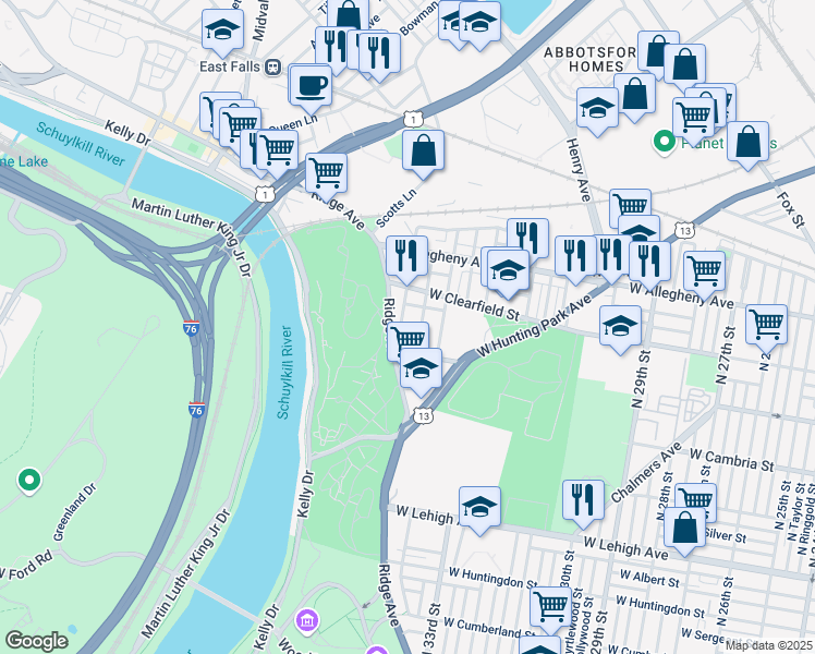map of restaurants, bars, coffee shops, grocery stores, and more near 3000 North 34th Street in Philadelphia