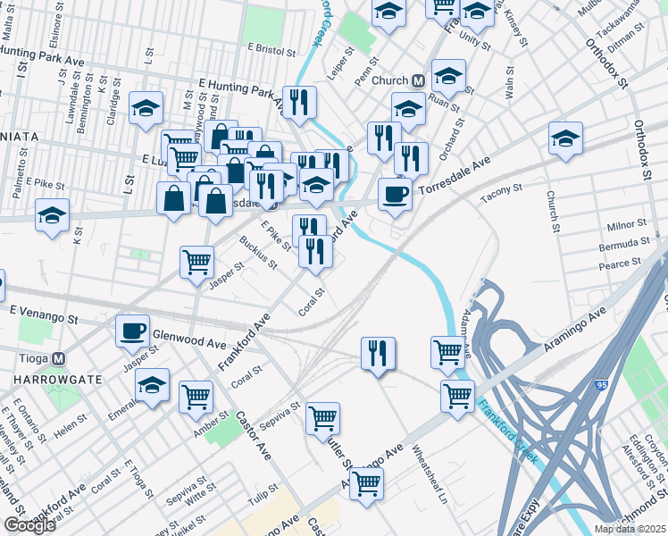 map of restaurants, bars, coffee shops, grocery stores, and more near 3922 Coral Street in Philadelphia