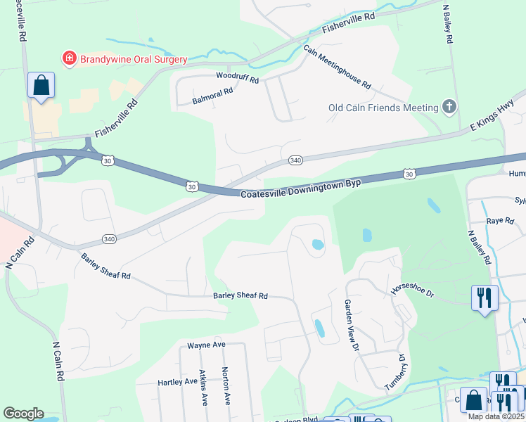 map of restaurants, bars, coffee shops, grocery stores, and more near 2434 Longview Drive in Coatesville