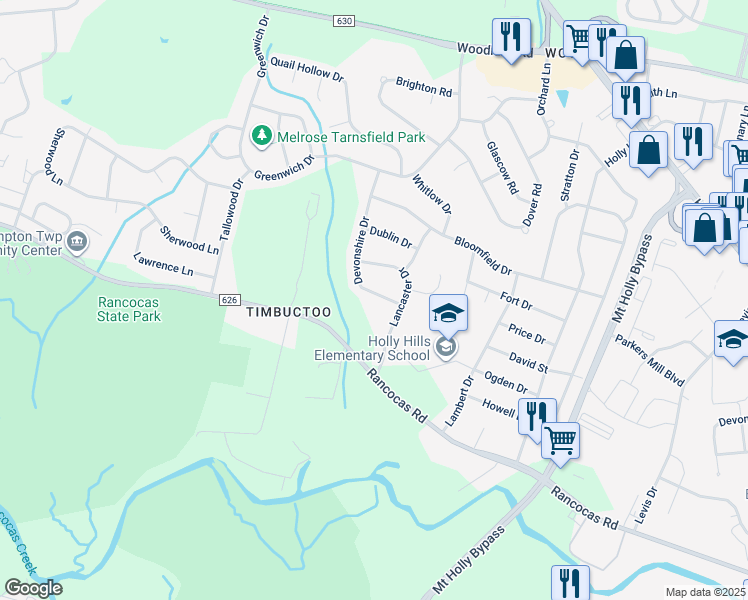 map of restaurants, bars, coffee shops, grocery stores, and more near 7 Devonshire Drive in Westampton