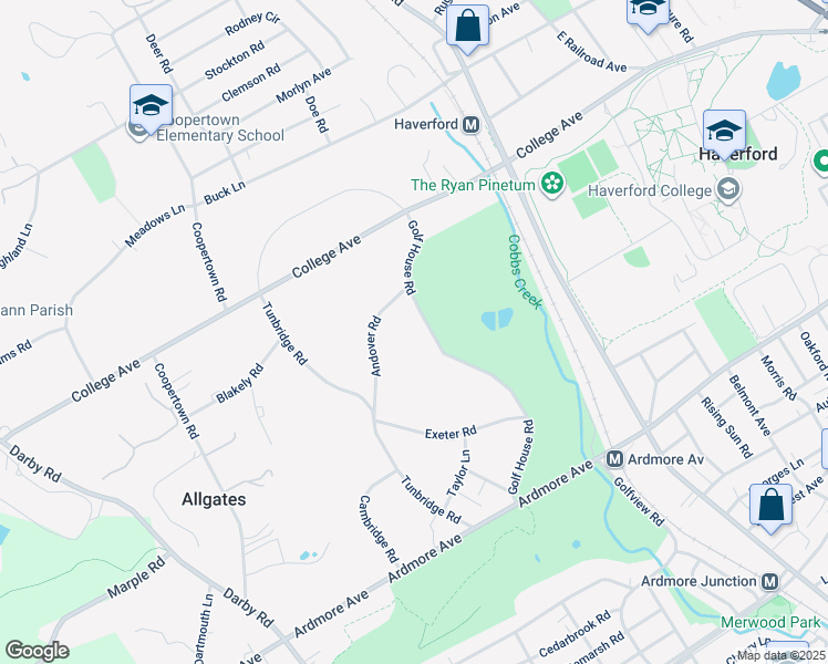 map of restaurants, bars, coffee shops, grocery stores, and more near 160 Golf House Road in Haverford