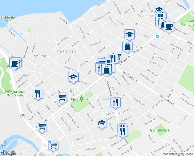 map of restaurants, bars, coffee shops, grocery stores, and more near 103 West Broad Street in Palmyra