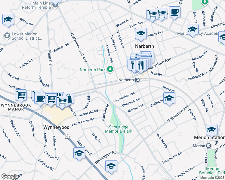 map of restaurants, bars, coffee shops, grocery stores, and more near 7 Elmwood Avenue in Narberth
