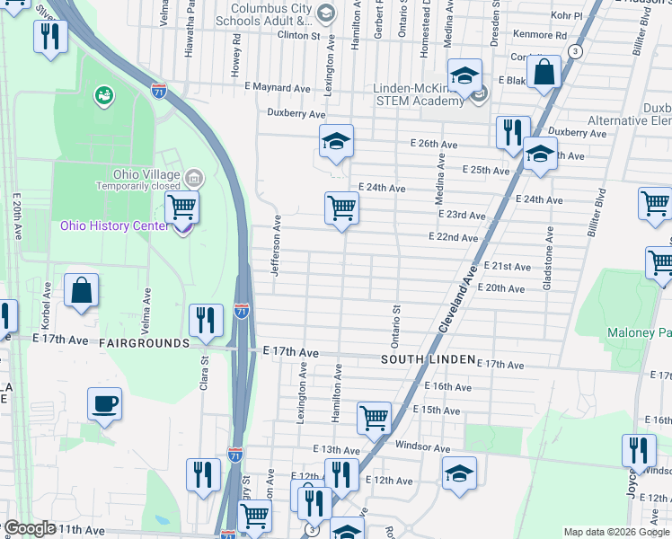 map of restaurants, bars, coffee shops, grocery stores, and more near 1047 East 20th Avenue in Columbus