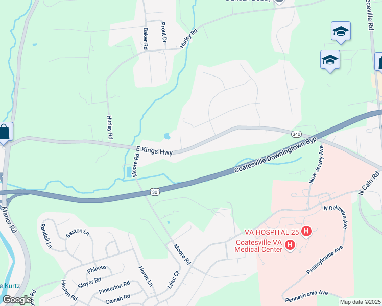 map of restaurants, bars, coffee shops, grocery stores, and more near 1316 East Kings Highway in Coatesville