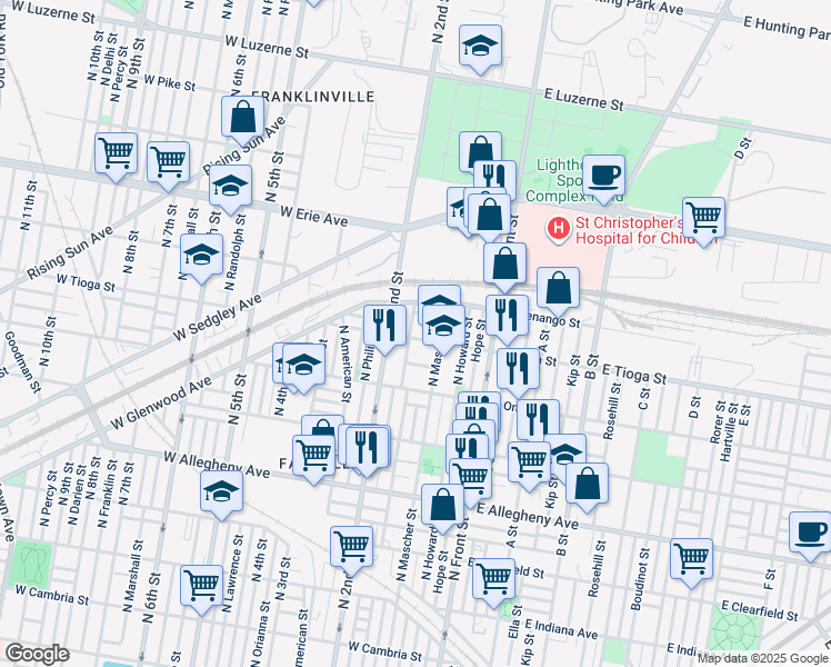 map of restaurants, bars, coffee shops, grocery stores, and more near 181 West Tioga Street in Philadelphia