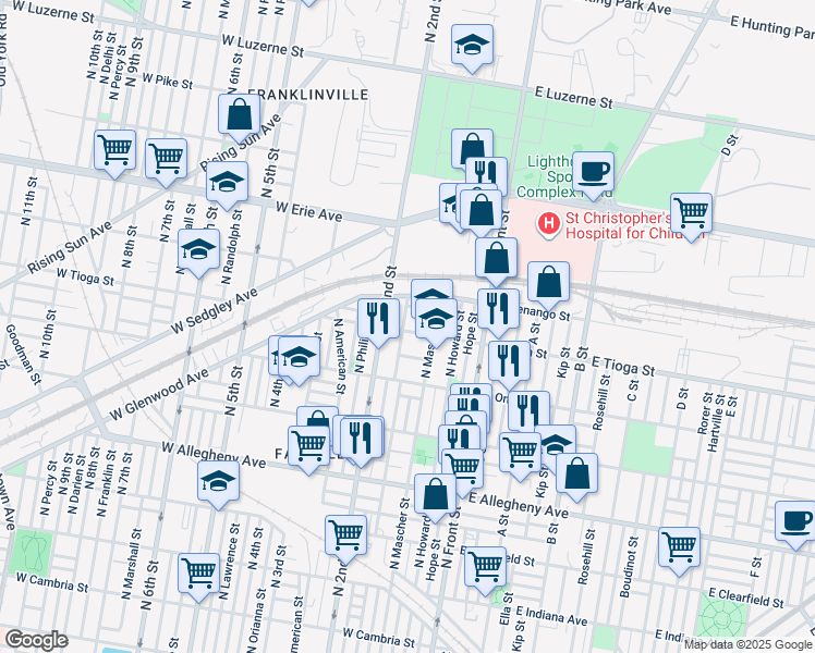 map of restaurants, bars, coffee shops, grocery stores, and more near 181 West Tioga Street in Philadelphia