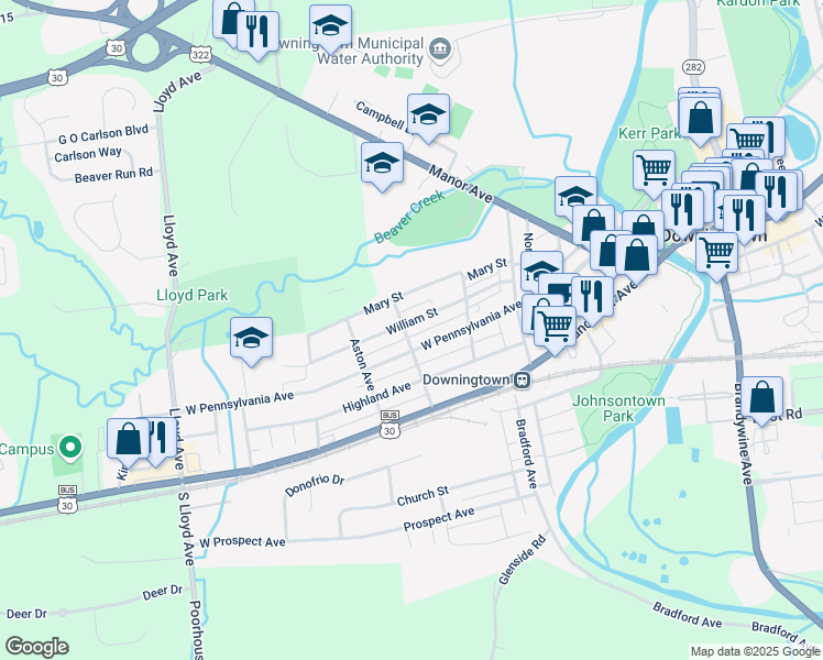 map of restaurants, bars, coffee shops, grocery stores, and more near 223 Hunt Avenue in Downingtown