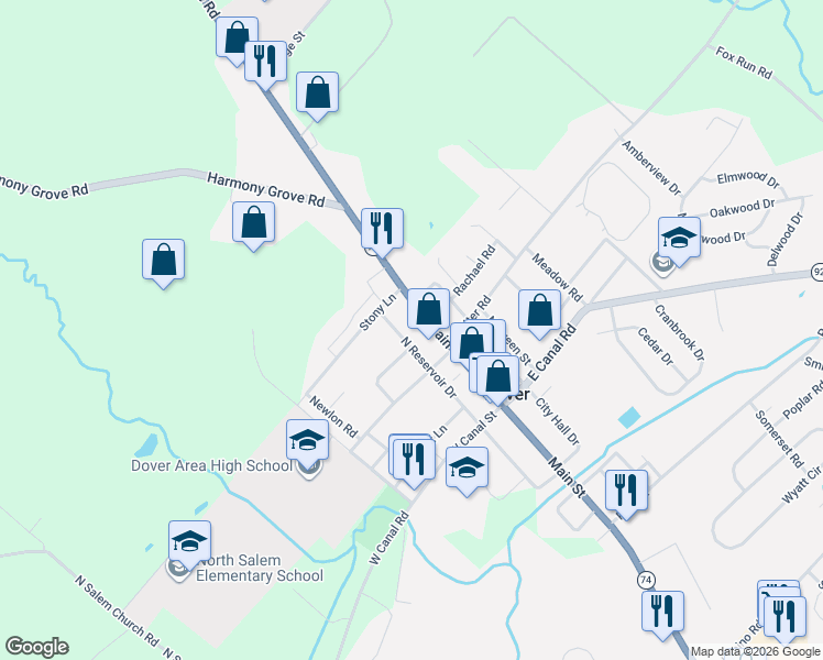 map of restaurants, bars, coffee shops, grocery stores, and more near 81 North Reservoir Drive in Dover