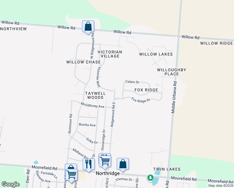 map of restaurants, bars, coffee shops, grocery stores, and more near 5541 Calais Drive in Springfield