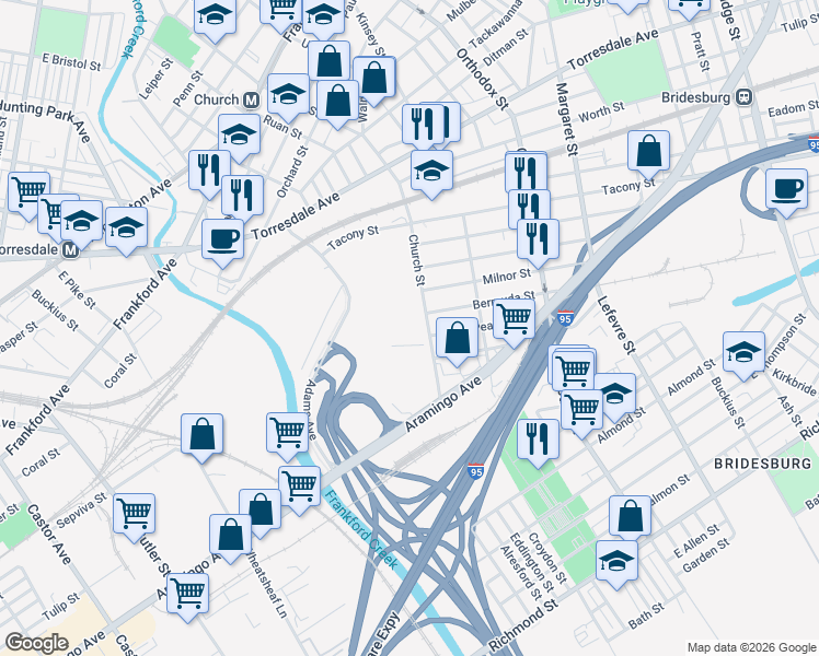 map of restaurants, bars, coffee shops, grocery stores, and more near 4151 Bermuda Street in Philadelphia