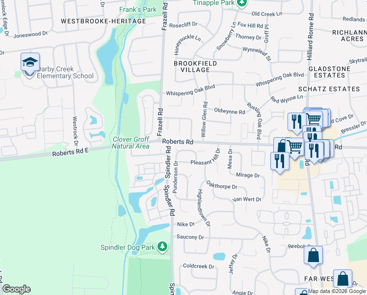 map of restaurants, bars, coffee shops, grocery stores, and more near 2580 Cowall Drive in Hilliard