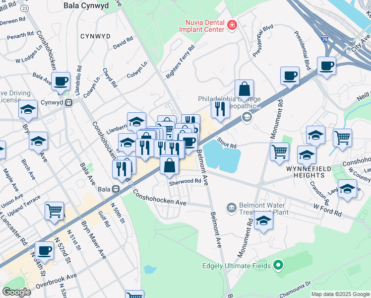 map of restaurants, bars, coffee shops, grocery stores, and more near 169 East City Avenue in Bala Cynwyd
