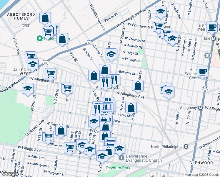 map of restaurants, bars, coffee shops, grocery stores, and more near in Philadelphia