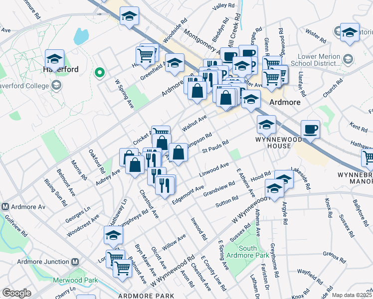 map of restaurants, bars, coffee shops, grocery stores, and more near 102 Brookfield Terrace in Ardmore