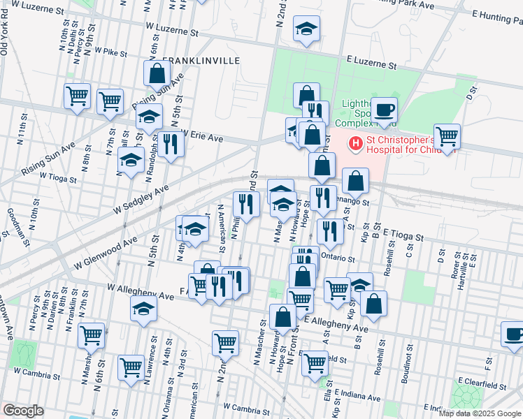 map of restaurants, bars, coffee shops, grocery stores, and more near 187 West Tioga Street in Philadelphia