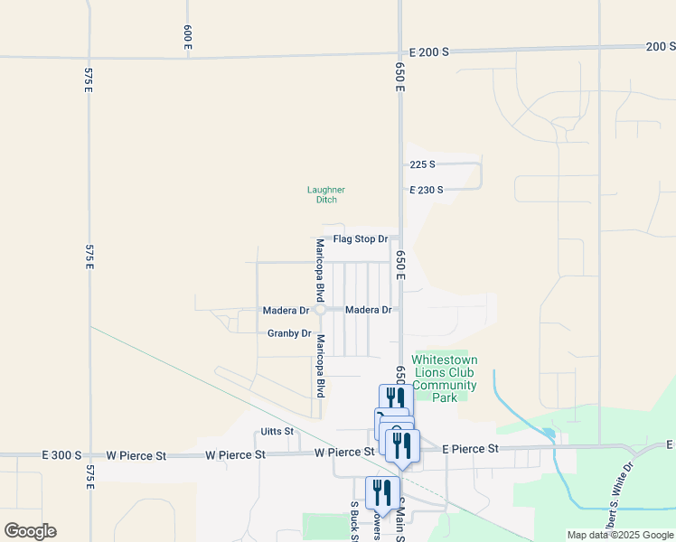 map of restaurants, bars, coffee shops, grocery stores, and more near 2514 650 East in Whitestown
