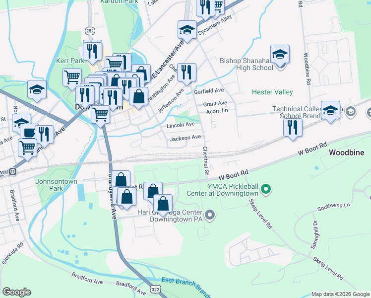 map of restaurants, bars, coffee shops, grocery stores, and more near 321 William Taft Avenue in Downingtown