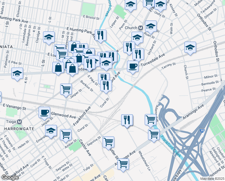 map of restaurants, bars, coffee shops, grocery stores, and more near 3922 Coral Street in Philadelphia