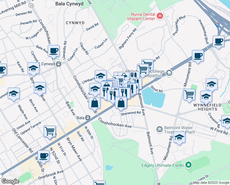 map of restaurants, bars, coffee shops, grocery stores, and more near 121 E City Avenue in Bala Cynwyd
