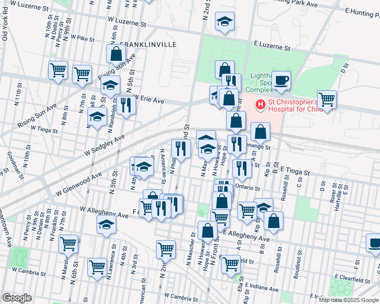 map of restaurants, bars, coffee shops, grocery stores, and more near 193 West Tioga Street in Philadelphia