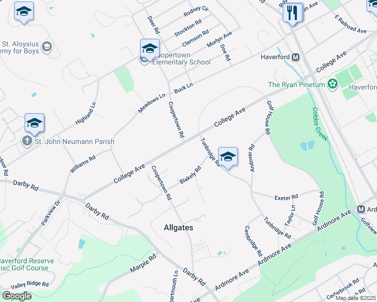 map of restaurants, bars, coffee shops, grocery stores, and more near 433 College Avenue in Haverford