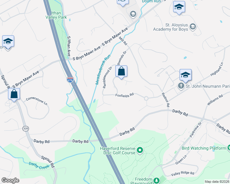 map of restaurants, bars, coffee shops, grocery stores, and more near 700 Southwinds Drive in Bryn Mawr