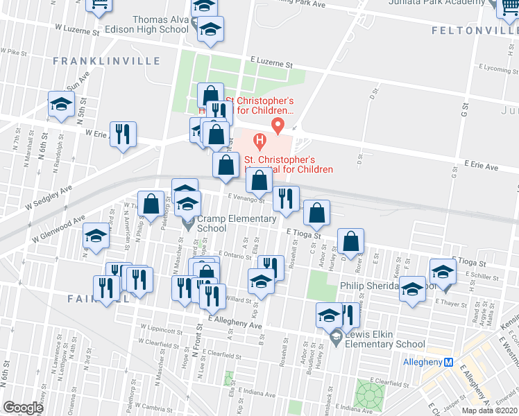 map of restaurants, bars, coffee shops, grocery stores, and more near 3540 Ella Street in Philadelphia