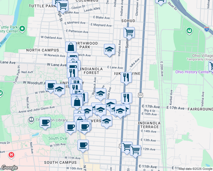map of restaurants, bars, coffee shops, grocery stores, and more near in Columbus