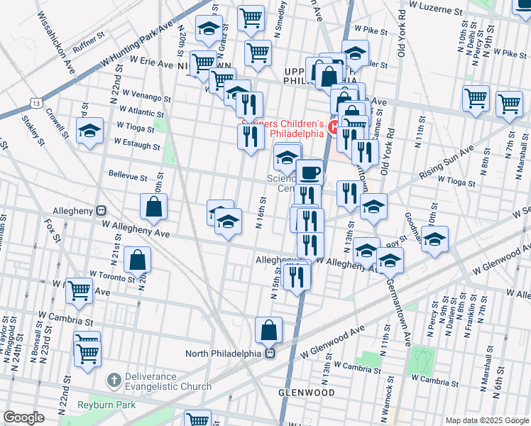 map of restaurants, bars, coffee shops, grocery stores, and more near 3301 North 16th Street in Philadelphia