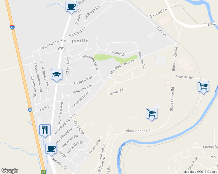 map of restaurants, bars, coffee shops, grocery stores, and more near 535 Norman Road in York