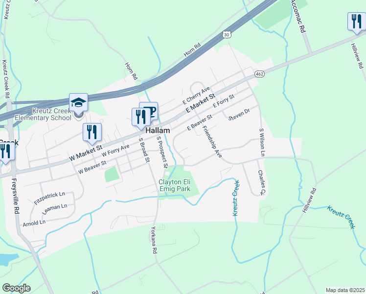 map of restaurants, bars, coffee shops, grocery stores, and more near 100 East Beaver Street in Hallam
