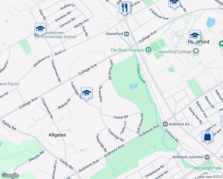 map of restaurants, bars, coffee shops, grocery stores, and more near 160 Golf House Road in Haverford