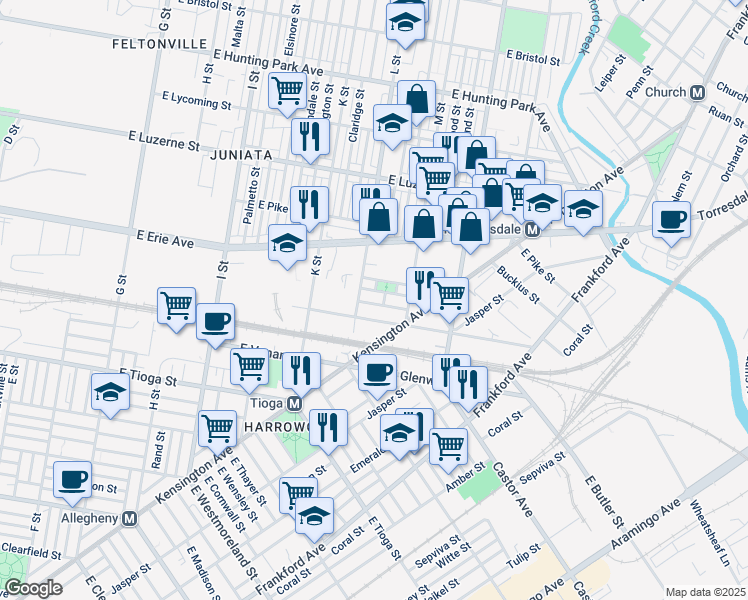 map of restaurants, bars, coffee shops, grocery stores, and more near 1319 East Airdrie Street in Philadelphia