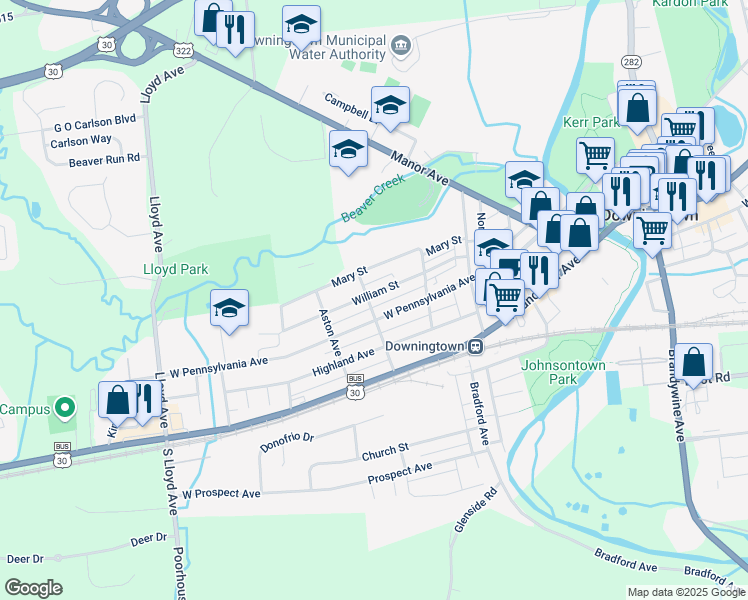 map of restaurants, bars, coffee shops, grocery stores, and more near 223 Hunt Avenue in Downingtown