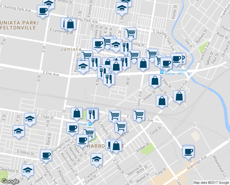 map of restaurants, bars, coffee shops, grocery stores, and more near 1319 East Airdrie Street in Philadelphia