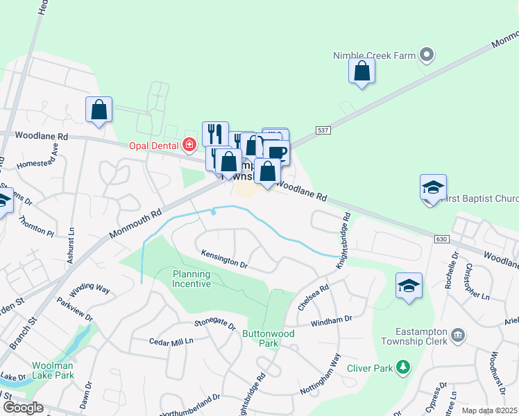 map of restaurants, bars, coffee shops, grocery stores, and more near 69 Kensington Drive in Mount Holly