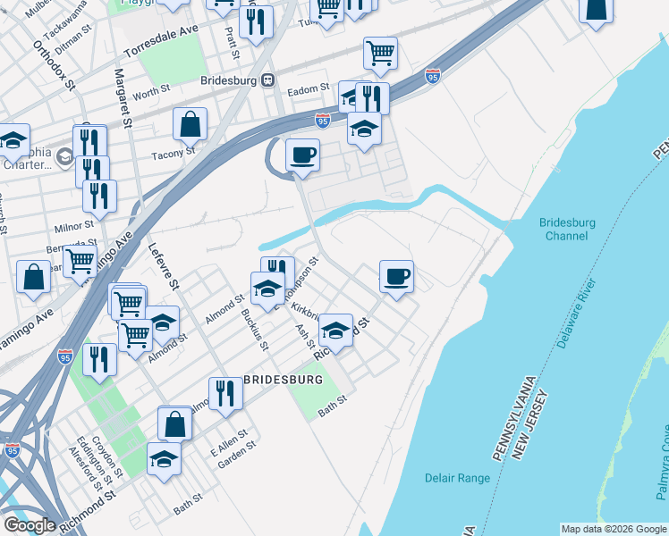 map of restaurants, bars, coffee shops, grocery stores, and more near 2690 Bridge Street in Philadelphia