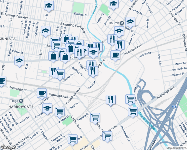 map of restaurants, bars, coffee shops, grocery stores, and more near in Philadelphia