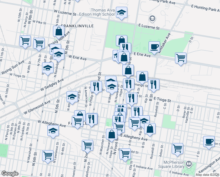 map of restaurants, bars, coffee shops, grocery stores, and more near 157 West Tioga Street in Philadelphia