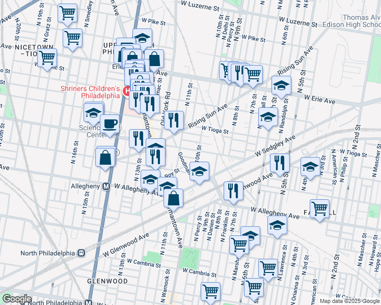 map of restaurants, bars, coffee shops, grocery stores, and more near 3356 North 10th Street in Philadelphia