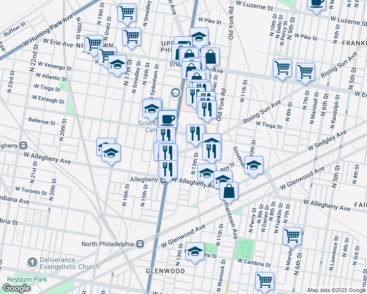 map of restaurants, bars, coffee shops, grocery stores, and more near 1329 Rising Sun Avenue in Philadelphia