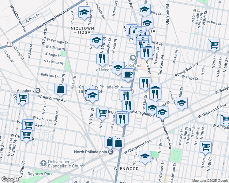 map of restaurants, bars, coffee shops, grocery stores, and more near 3300 North 15th Street in Philadelphia
