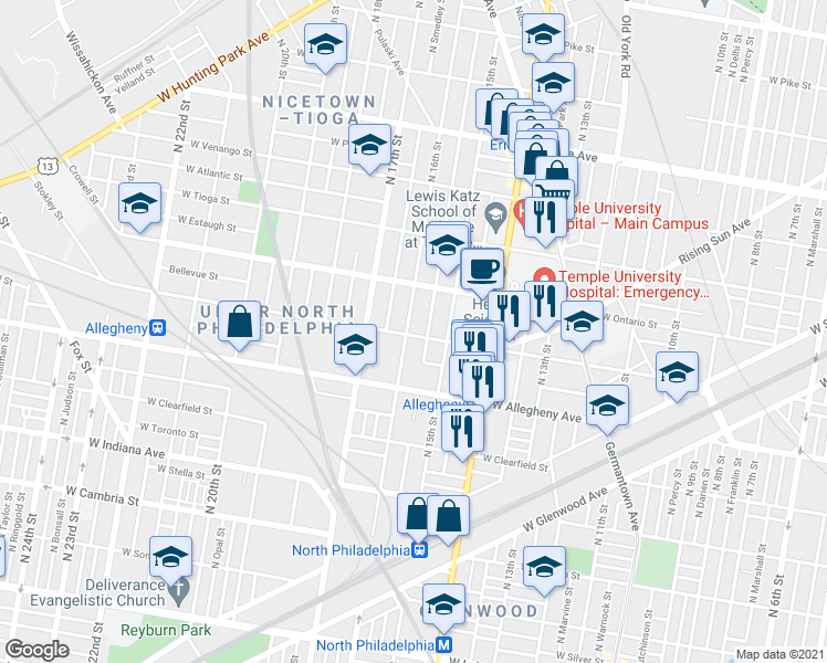map of restaurants, bars, coffee shops, grocery stores, and more near 3238 North 16th Street in Philadelphia