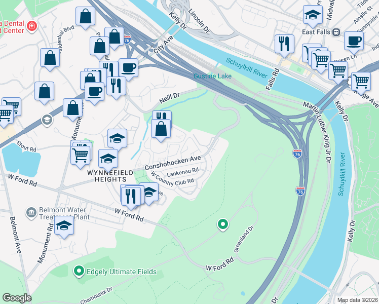 map of restaurants, bars, coffee shops, grocery stores, and more near 3716 Conshohocken Avenue in Philadelphia
